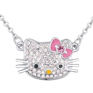 White Gold Plated Bow Tie Hello Kitty Pendant with Multi-Color CZ Necklace- Pink